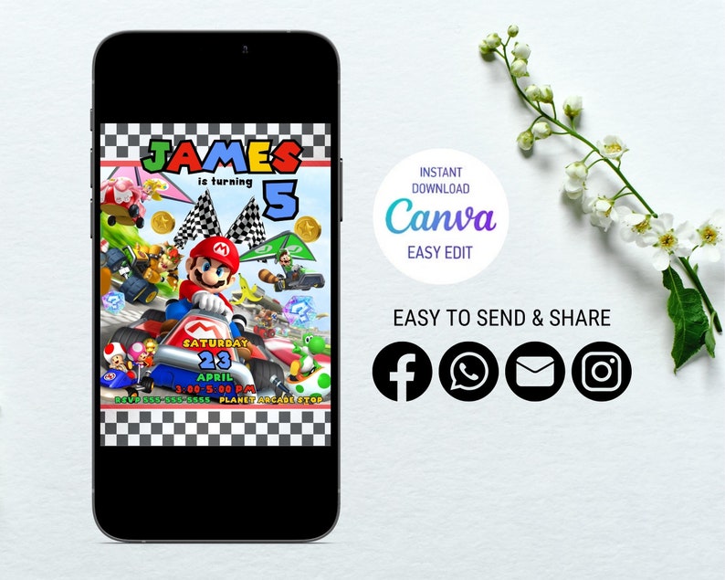 May include: A birthday invitation featuring a colorful illustration of Mario Kart characters, including Mario, Luigi, and Toad. The invitation is for James's 5th birthday party, which will be held on Saturday, April 23rd from 3:00 to 5:00 PM at Planet Arcade. The invitation also includes a Canva logo and social media icons for Facebook, WhatsApp, email, and Instagram.
