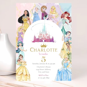 Convite de aniversário de princesa aquarela, convite de princesa, convite para festa de princesa, convite para princesas, pastel dourado, Canva editável