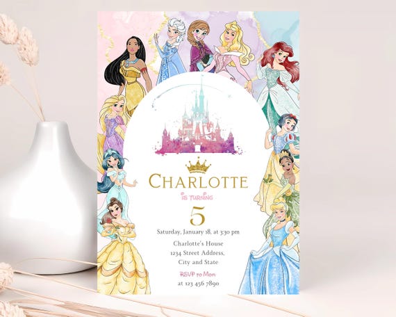 Watercolor Princess Birthday Invitation, Princess Invitation, Princess Party Invitation, Girl Princesses Invite, Gold Pastel, Editable Canva