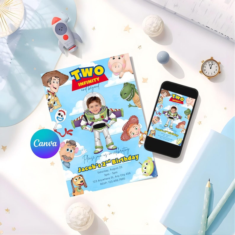 Faire-part d'anniversaire Toy Story avec photo - Faire-part d'anniversaire Buzz l'Éclair 2 à l'infini et au-delà - Modèle de toile modifiable (numérique) image 1