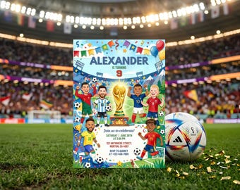 Invitación de cumpleaños con temática del Mundial de Fútbol 2026 / Plantilla de fiesta de fútbol con dibujos animados (Descarga digital)