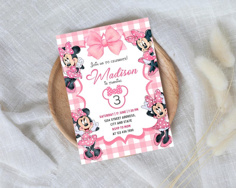 May include: Pink and white gingham birthday invitation with a cartoon mouse character. The invitation says "Join us to celebrate! Madison is turning 3. Saturday 17 June | 7:30 PM 1234 Street Address, City and State RSVP to Mom at 123 456 7890"