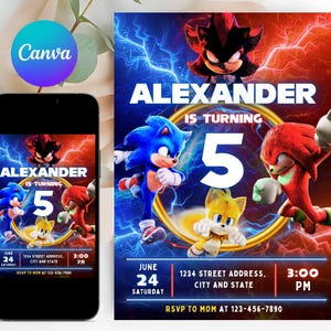 Modèle d'invitation d'anniversaire modifiable Sonic 3, invitation de fête de garçons Super hérisson, invitation de fête Super Sonic, invitation Sonic, modèle de toile
