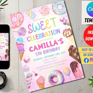 Sweets Candy Invitation, Sweet Candy Birthday Invitation, Sweet Celebration Birthday Invitation, Candy Invitation Editable Canva