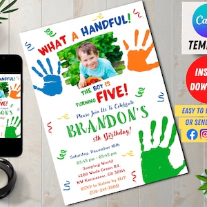 Editable Handful Fifth Birthday Party Invitation for Boy, 5th Birthday Evite, Age 5 Digital Invites, Watercolor Colorful, Editable Canva