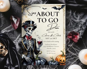 Adult Halloween Sips About to Go Down Skeleton Invitation, Cocktails and Costumes Invite, Halloween Party Invitation, Canva Template