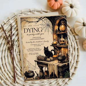 May include: Halloween party invitation with a spooky illustration. The invitation reads "WE ARE JUST DYING to party with you" and includes details for the event hosted by the Anderson's family. The design features a black cat, cobwebs, and potion bottles.