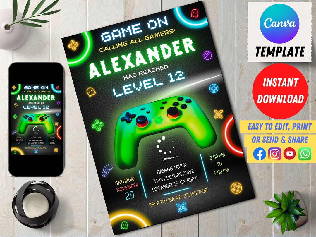 EDITABLE Video Game Party Invitation, Printable Gamer Birthday Invite ...