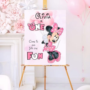 Minnie Maus One Fun Geburtstag Willkommensschild Vorlage | Bearbeitbares druckbares Party Schild | Canva Digitaler Download | Mädchen-Geburtstags-Dekoration