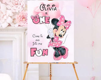 Modello di cartello di benvenuto per compleanno di Minnie Mouse One Fun / Cartello per feste stampabile e modificabile / Download digitale Canva / Decorazione per compleanno di una bambina