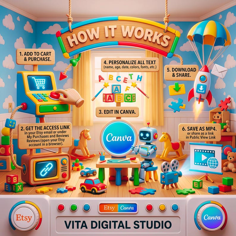 May include: An instructional graphic titled HOW IT WORKS featuring a cartoon robot, toys, and a rocket. It outlines six steps for digital product customization, including adding to cart, accessing links, editing in Canva, and saving files.