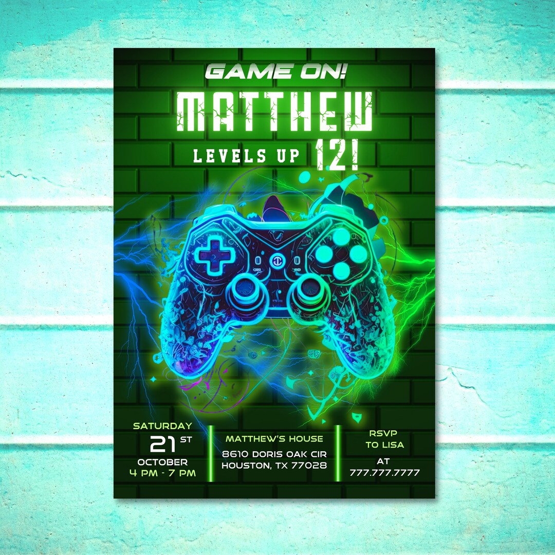 Video Game Birthday Invitation Template, Video Game Invitation, Neon