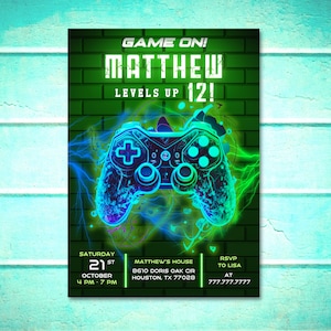 Video Game Birthday Invitation Template, Video Game Invitation, Neon