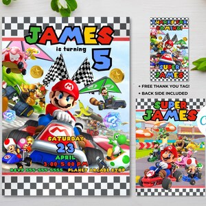 May include: A birthday invitation featuring a Super Mario Kart theme. The invitation is black and white checkered with a red and white race track. The invitation says "James is turning 5" and includes a picture of Mario driving a race car. The invitation also includes the date, time, and location of the party.