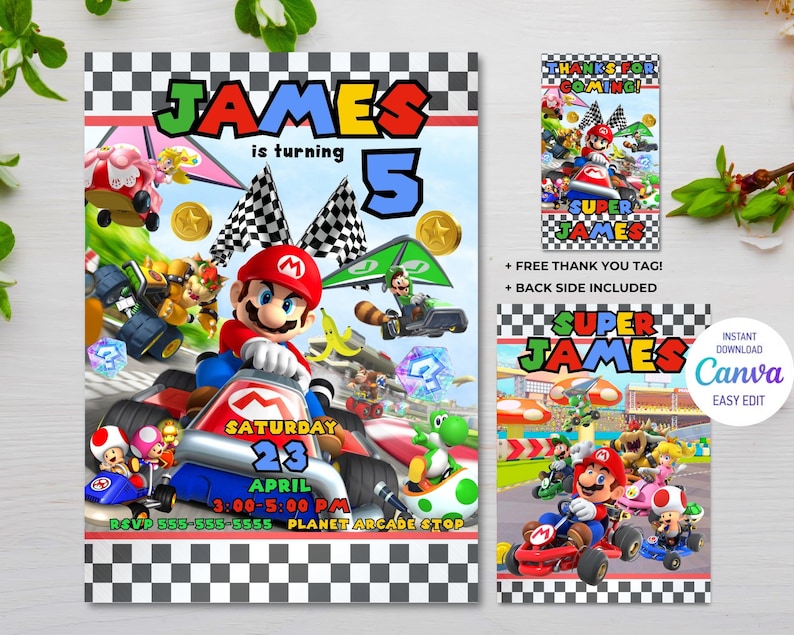 May include: A birthday invitation featuring a Super Mario Kart theme. The invitation is black and white checkered with a red and white race track. The invitation says "James is turning 5" and includes a picture of Mario driving a race car. The invitation also includes the date, time, and location of the party.
