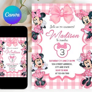 Bewerkbare roze Minnie Mouse verjaardagsuitnodiging, aquarel meisjes verjaardagsuitnodiging, afdrukbare uitnodiging, roze Minnie uitnodiging, canvas