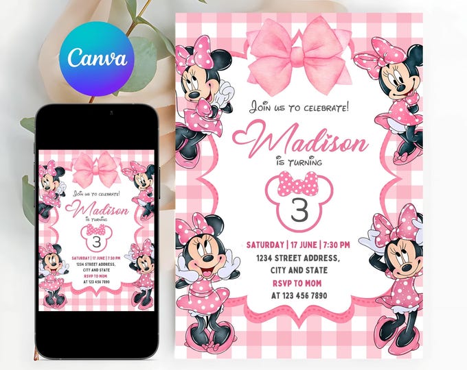 Editable Pink Minnie Mouse Birthday Invitation, Watercolor Girls ...