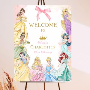 Modello di cartello di benvenuto per il compleanno delle principesse / Cartello per feste stampabile e modificabile / Download digitale Canva / Decorazione per il compleanno di una bambina