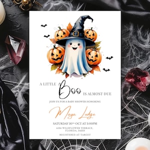 A Little Boo is Almost Due Baby Shower Invite, Editable Halloween Template, Cute Ghost Digital Download, Little Boo Invitation, Printable