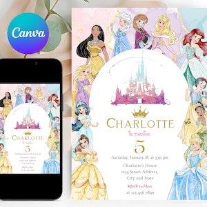 Puede incluir: Una invitaci&oacute;n imprimible para una fiesta de cumplea&ntilde;os n&uacute;mero 5 con una ilustraci&oacute;n de acuarela del castillo de Cenicienta y las princesas de Disney. La invitaci&oacute;n est&aacute; decorada con purpurina dorada y una corona. El texto de la invitaci&oacute;n dice "Charlotte cumple 5 a&ntilde;os" e incluye la fecha, la hora y el lugar de la fiesta. Tambi&eacute;n se incluye la informaci&oacute;n de RSVP.