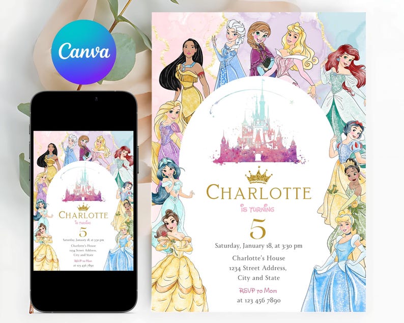 Puede incluir: Una invitaci&oacute;n imprimible para una fiesta de cumplea&ntilde;os n&uacute;mero 5 con una ilustraci&oacute;n de acuarela del castillo de Cenicienta y las princesas de Disney. La invitaci&oacute;n est&aacute; decorada con purpurina dorada y una corona. El texto de la invitaci&oacute;n dice "Charlotte cumple 5 a&ntilde;os" e incluye la fecha, la hora y el lugar de la fiesta. Tambi&eacute;n se incluye la informaci&oacute;n de RSVP.