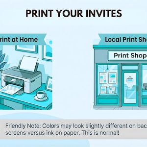 Peut inclure: Illustration comparant deux options d'impression : &agrave; domicile avec une imprimante et dans une imprimerie locale. Le texte indique "Imprimez vos invitations". Une note sur les diff&eacute;rences de couleurs est incluse.