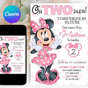 May include: A pink and white birthday invitation featuring a cartoon image of Minnie Mouse. The invitation says "Oh Two-dles!" and includes the text "It's hard to believe, but yes, it's true. Our sweet little Madison is turning 2. Join us to celebrate! Saturday | 17 June | 7:30 PM 1234 Street Address, City and State RSVP to Mom at 123 456 7890"