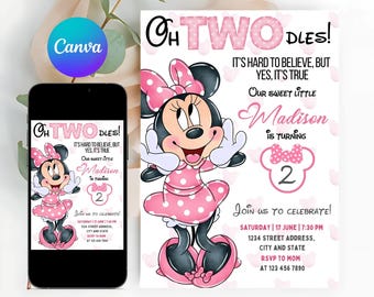 EDITIERBARE Oh TWOdles Minnie Mouse Geburtstagseinladung, 2. Geburtstag, zweiter Geburtstag, 2 Jahre alt, hellrosa Tupfen, Aquarellrosa