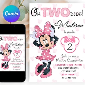 Editable Oh TWOdles Birthday Invitation Digital 2nd Birthday Cute Mouse Second Birthday Invite Oh Twodles Invitation Boho Minnie Invite