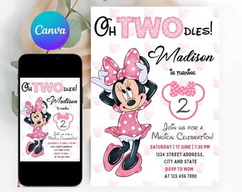 Bearbeitbare Oh TWOdles Geburtstagseinladung Digital 2.Geburtstag Süße Maus Zweiter Geburtstag einladen Oh Twodles Einladung Boho Minnie Einladen