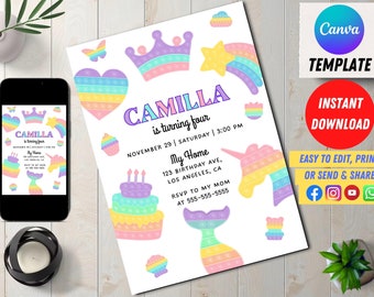 Pop It Birthday Invitation, Fidget Toy Birthday Invite, Editable Pop It Unicorn Party Invites, Rainbow Pastel, Bubble Popping, Girl Invite
