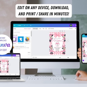 May include: A pink and white Minnie Mouse themed birthday invitation with a pink and white checkered background. The invitation says "Let's get this party started!" and "Madison is turning 3".
