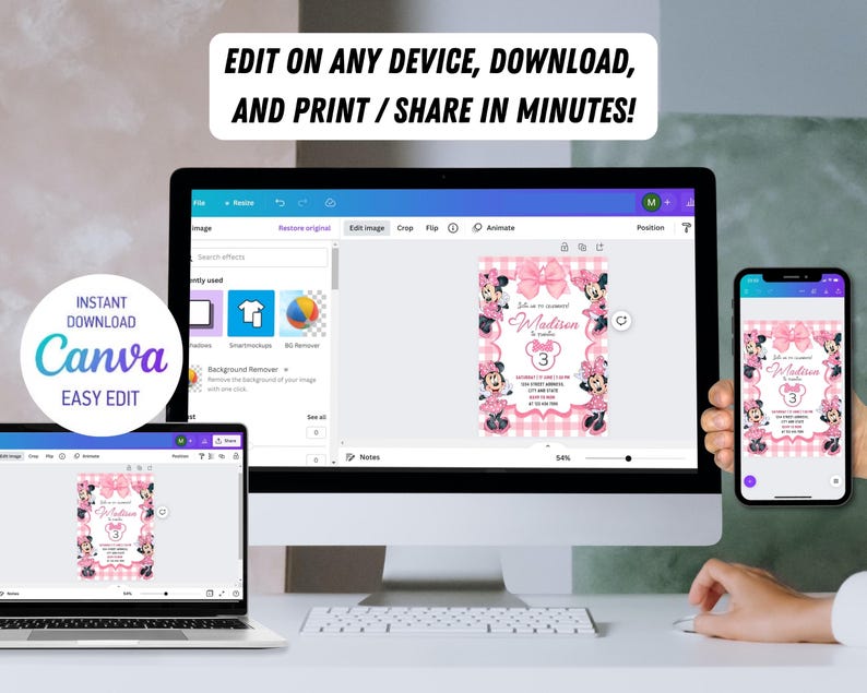 May include: A pink and white Minnie Mouse themed birthday invitation with a pink and white checkered background. The invitation says "Let's get this party started!" and "Madison is turning 3".