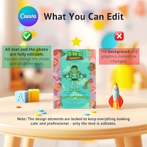 Peut inclure: Une invitation color&eacute;e avec le texte "Two Infinity and Beyond" et "Jacob's 2nd Birthday". Le design pr&eacute;sente un enfant d&eacute;guis&eacute; en Buzz l'&Eacute;clair, entour&eacute; de personnages de dessins anim&eacute;s. Le texte "What You Can Edit" est affich&eacute;.