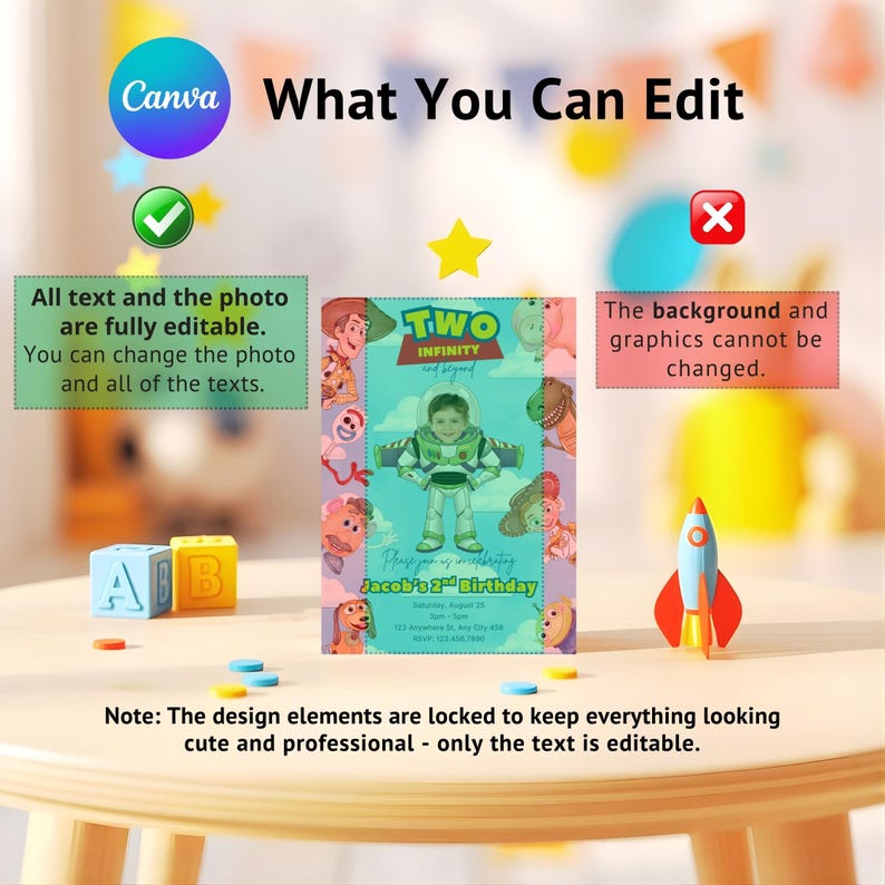 Peut inclure: Une invitation color&eacute;e avec le texte "Two Infinity and Beyond" et "Jacob's 2nd Birthday". Le design pr&eacute;sente un enfant d&eacute;guis&eacute; en Buzz l'&Eacute;clair, entour&eacute; de personnages de dessins anim&eacute;s. Le texte "What You Can Edit" est affich&eacute;.