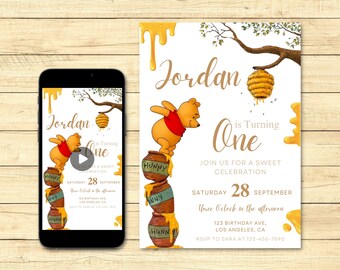 Editable Winnie the Pooh Birthday Invitation, Classic Winnie the Pooh Invitation Template, Pooh Bear Digital Invitation with Hunny Honey Pot