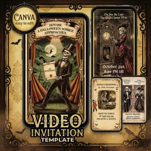 May include: A digital Halloween video invitation template featuring a skeleton in a tuxedo and top hat holding an invitation. The design includes ornate gold frames, a skeleton in a Victorian dress by a grandfather clock, and text details for an event on October 31st, with RSVP information and costume requirements.