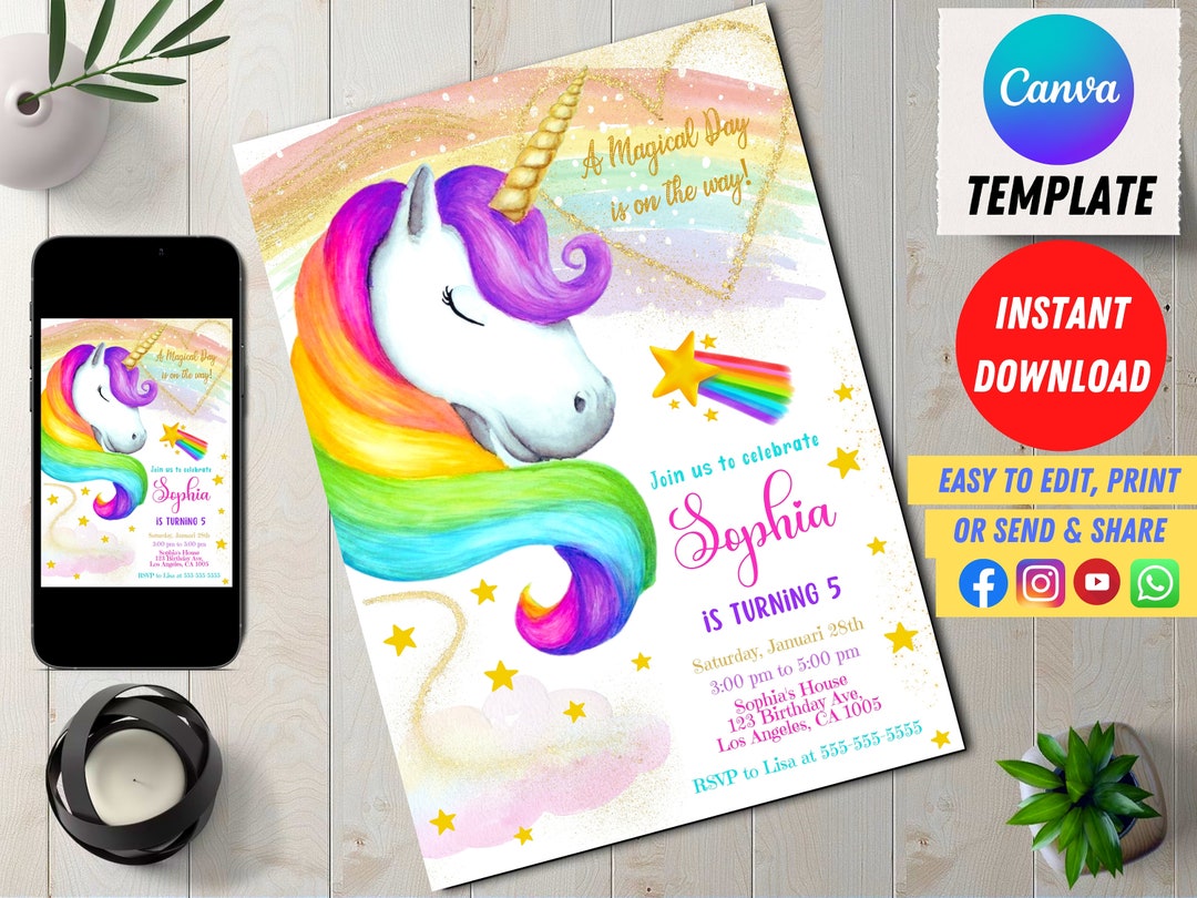 Editable Unicorn Birthday Invitation Digital Magical Party - Etsy