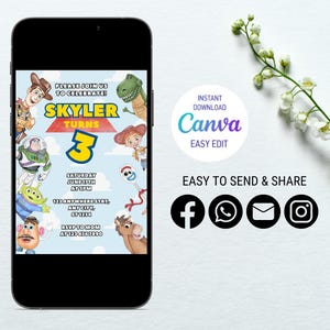 Op de afbeelding: Een digitale uitnodiging voor een verjaardagsfeest met personages uit de Toy Story-filmfranchise. De uitnodiging is voor een jongen genaamd Skyler die drie jaar wordt. De uitnodiging is ontworpen om eruit te zien als een smartphone-scherm met een blauwe achtergrond en een witte rand. De tekst op de uitnodiging luidt: "Kom gezellig meevieren! Skyler wordt 3. Zaterdag 17 juni om 15:00 uur. 123 Anywhere St. Any City, ST 12345. RSVP naar Mama op 123-456-7890."