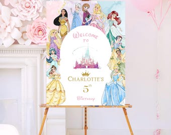 Plantilla de cartel de bienvenida de cumpleaños de princesa en acuarela / Cartel de fiesta editable e imprimible / Descarga digital de Canva / Decoración de cumpleaños de niña