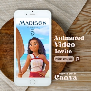 May include: A white smartphone displays a birthday invitation with the name "Madison" and the number "5". The invitation features a cartoon character holding a wooden paddle. Text on the side reads "Animated Video Invite with music" and "easy to edit in Canva".