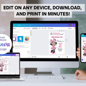 May include: A computer screen, laptop, and smartphone displaying a birthday party invitation template. The invitation features a Minnie Mouse design with the text "Welcome to Madison's 2nd Birthday Party!" The image also includes the text "Edit on any device, download, and print in minutes!" and "Instant Download Canva Easy Edit."