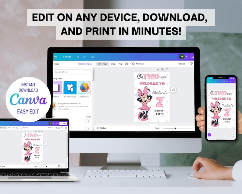 May include: A computer screen, laptop, and smartphone displaying a birthday party invitation template. The invitation features a Minnie Mouse design with the text "Welcome to Madison's 2nd Birthday Party!" The image also includes the text "Edit on any device, download, and print in minutes!" and "Instant Download Canva Easy Edit."