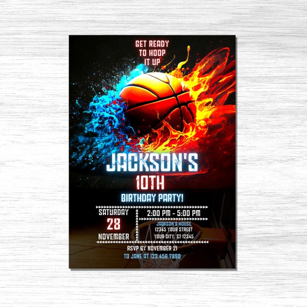 Plantilla de invitación de baloncesto editable, invitación de cumpleaños de baloncesto, invitación de baloncesto para niños y niñas, fiesta temática de baloncesto imprimible