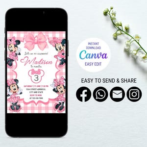 May include: Pink and white gingham background with a pink bow and a cartoon image of a mouse character. The text "Join us to celebrate Madison is turning 3" is on the invitation. The invitation also includes the date, time, address, and RSVP information.