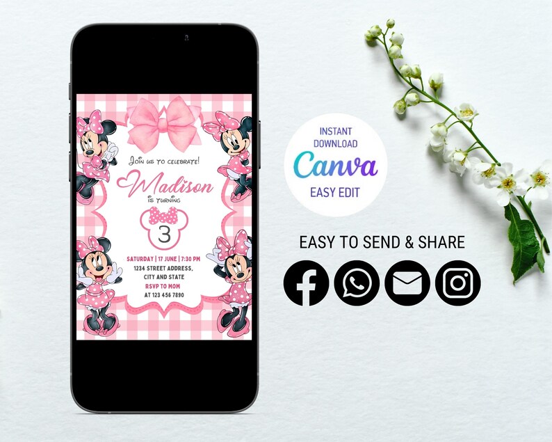 May include: Pink and white gingham background with a pink bow and a cartoon image of a mouse character. The text "Join us to celebrate Madison is turning 3" is on the invitation. The invitation also includes the date, time, address, and RSVP information.