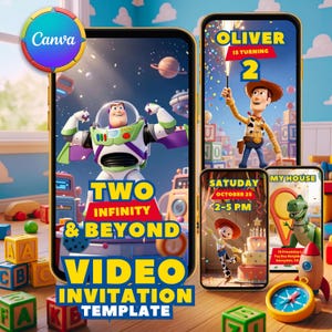 Puede incluir: Una plantilla de invitación de video digital con personajes de Toy Story en pantallas de teléfonos. El texto incluye "TWO INFINITY & BEYOND", "OLIVER IS TURNING 2", "SATURDAY OCTOBER 25 2-5 P.M" y "MY HOUSE". Se muestran a Buzz, Woody, Jessie y Rex.