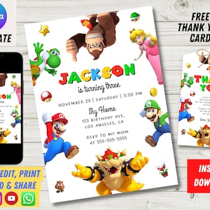 Editable Birthday Invitation Digital, Super Brothers Evite, Editable in Canva Printable Download, Video Game Kid Invite, Thank You Card