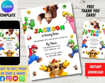 Editable Birthday Invitation Digital, Super Brothers Evite, Editable in Canva Printable Download, Video Game Kid Invite, Thank You Card