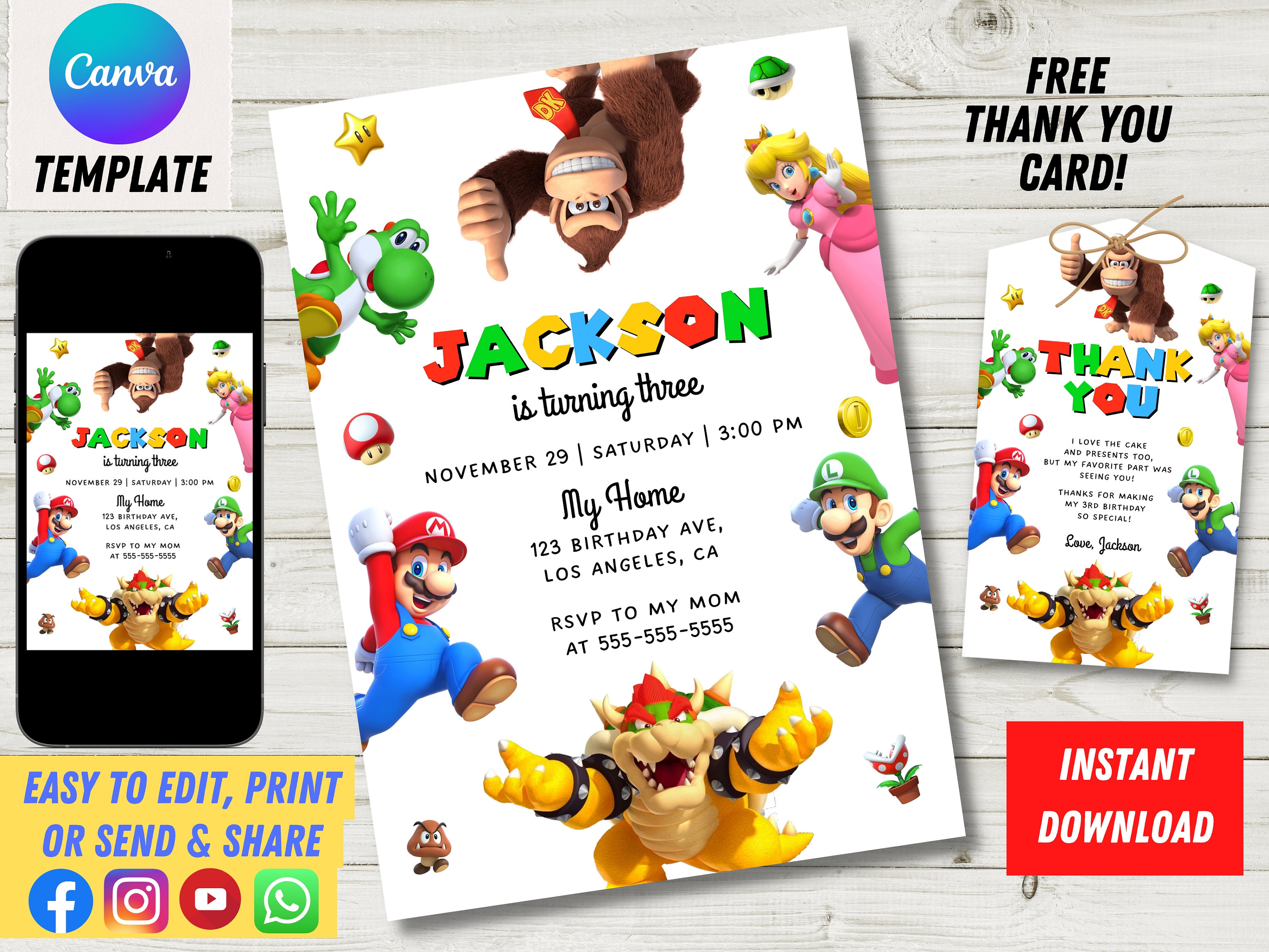 ▷ Digital Invitation Mario Bros Video Game Party, FREE